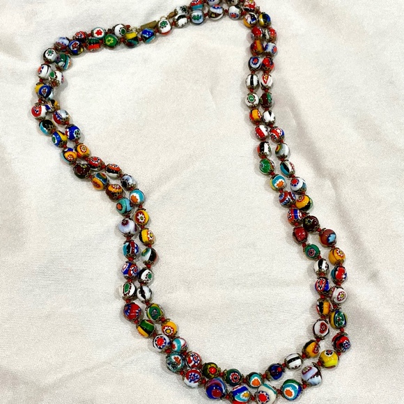 Vintage Italian Murano Millefiori Venetian Red Hand Knotted Glass Bead Necklace - Picture 6 of 9